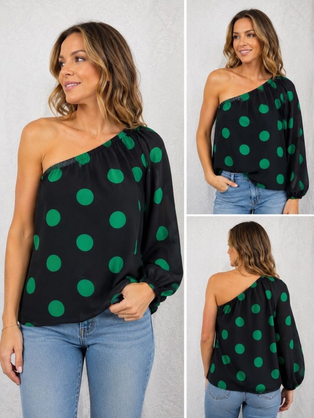 Cato Women’s Medium Black Green Polka Dot One Sleeve Top Off Shoulder